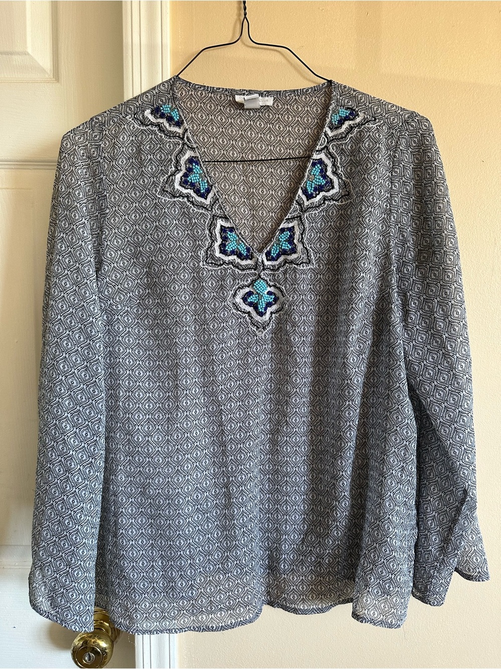 Charter Club Gray V-Neck light Top with Blue Embroidered Accents